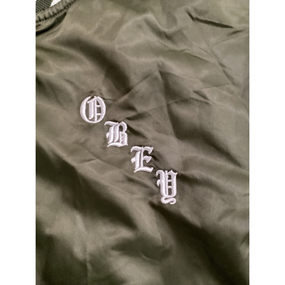 Obey Worldwide Olive Green Bomber Jacket Embroidered Cities Roses Womens Small - Picture 10 of 13